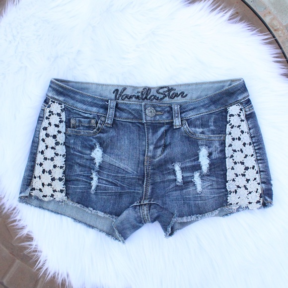 Vanilla Star Pants - Vanilla Star floral lace denim shorts